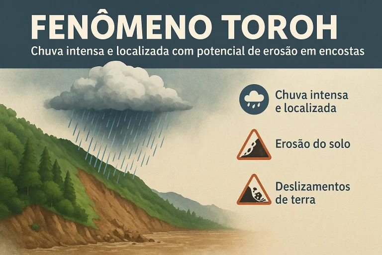 Ilustração do fenômeno atmosférico Toroh, caracterizado por chuvas intensas e localizadas que podem causar erosão em encostas.